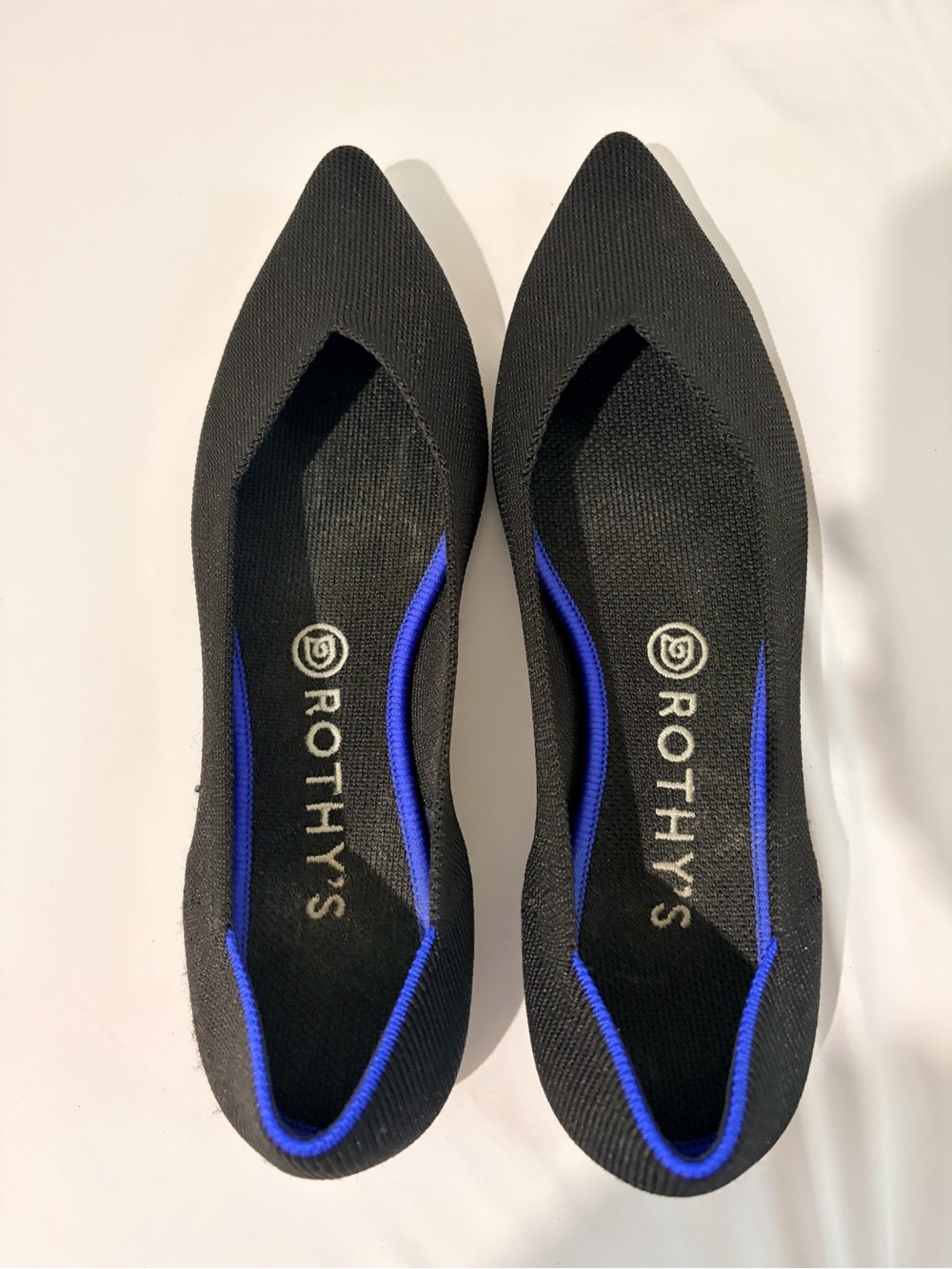 Rothy's Black Pointed Knit Flats with Blue Trim